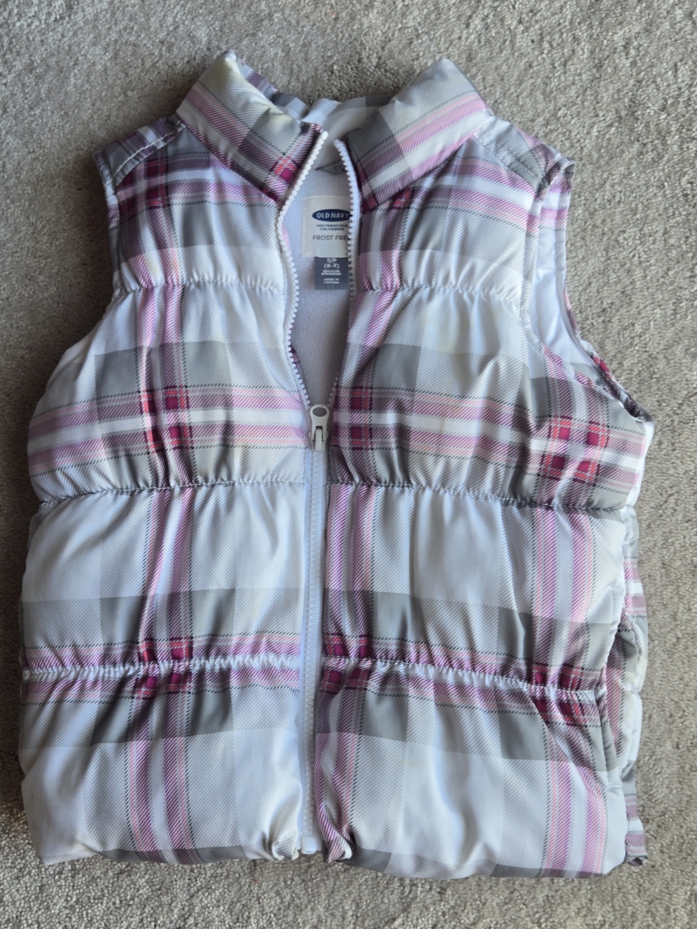 Old Navy White, Pink & Gray Plaid Puffer Vest Frost Free